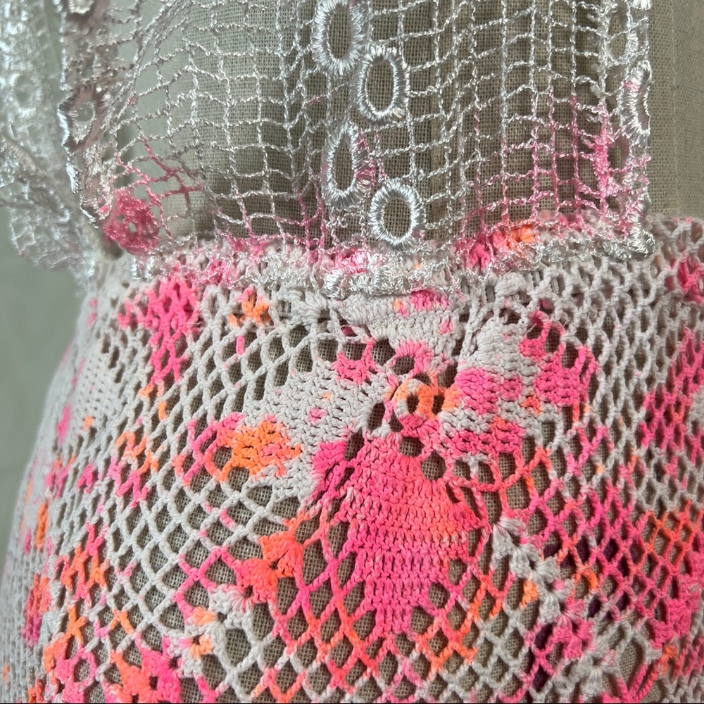 VTG Crochet Mesh Tie Dye Maxi Dress/Beach Cover Up in Pink and White - Picture 15 of 16